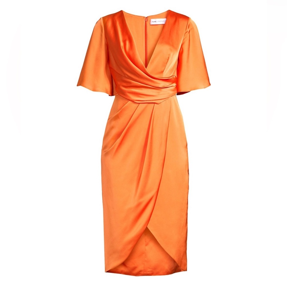 Fame and partners zhara satin midi dress flowy sleeve deep v wrap